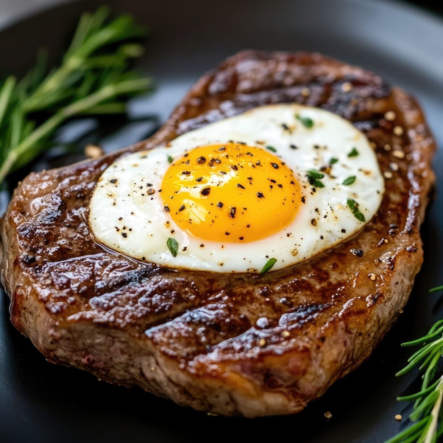 Succulent ribeye steak is topped with a sunny-side-up egg, presented on a dark plate against a vintage kitchen backdrop.